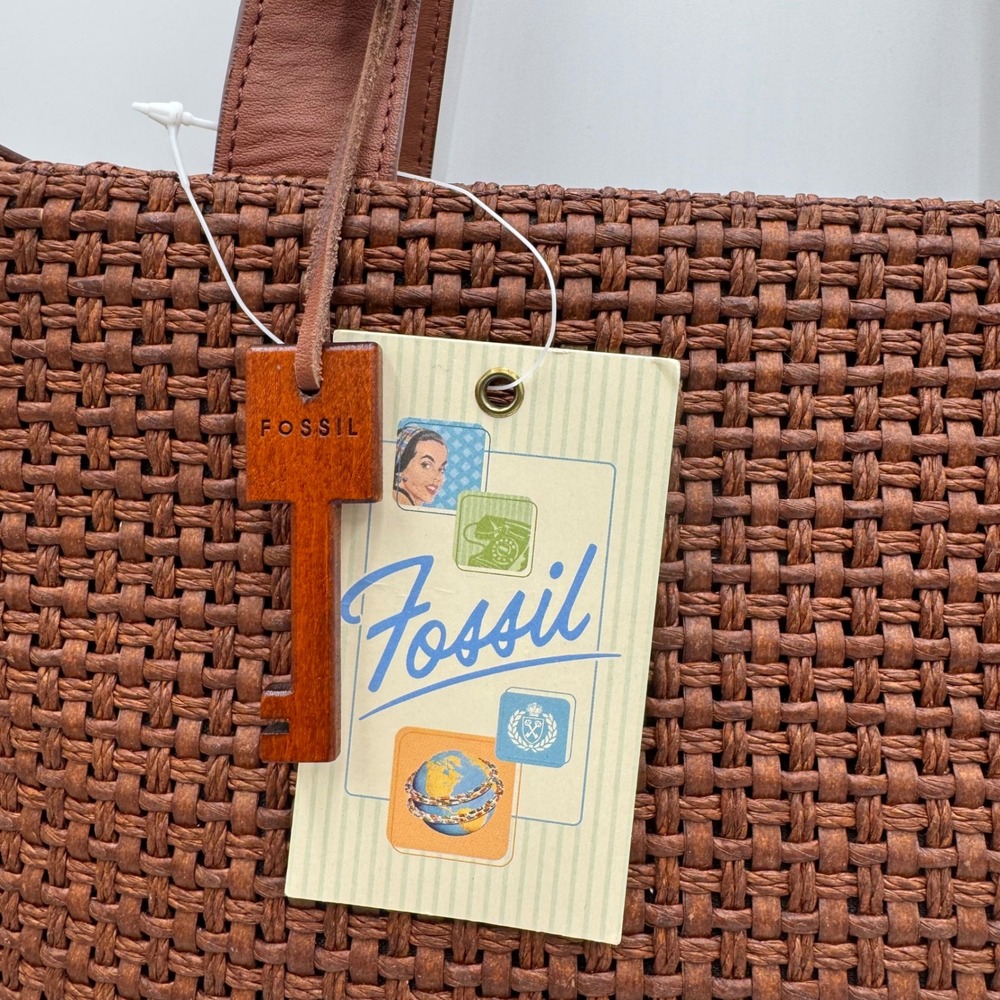 NWT Fossil Constance Shopper Tote Basketweave Shoulder Bag Women Brown Boho Chic - Picture 3 of 16